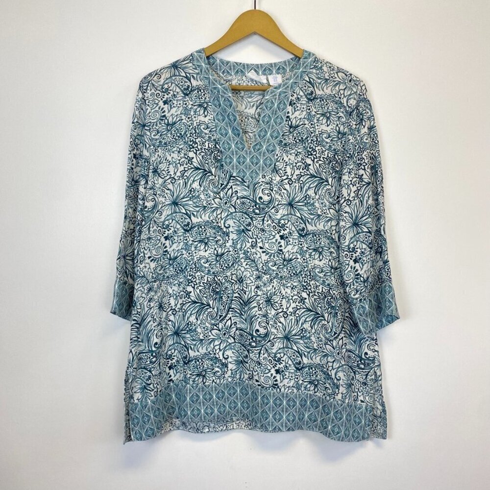 Sigrid Olsen 100% Linen Teal and White Paisley Tunic